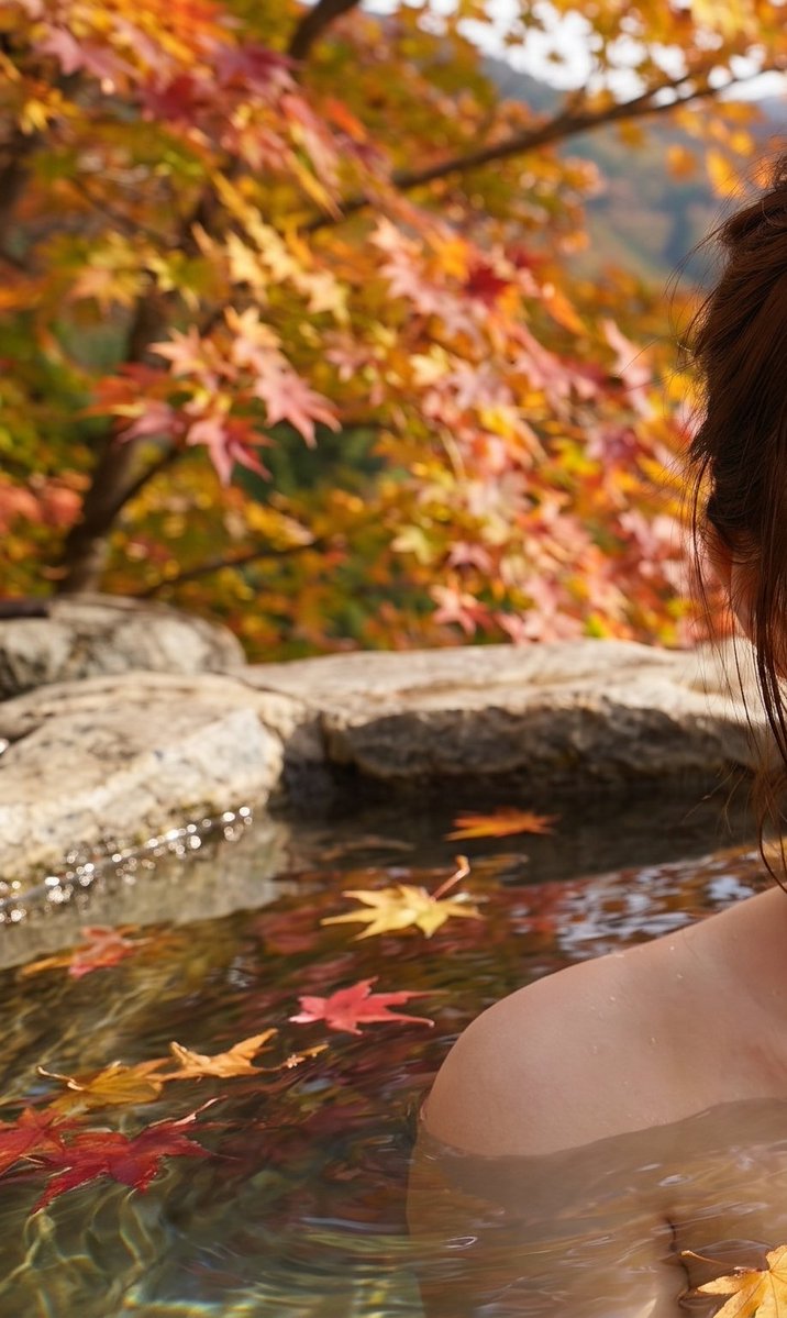 Social Media Post - Japanese Woman in Onsen with Autumn Maple View
