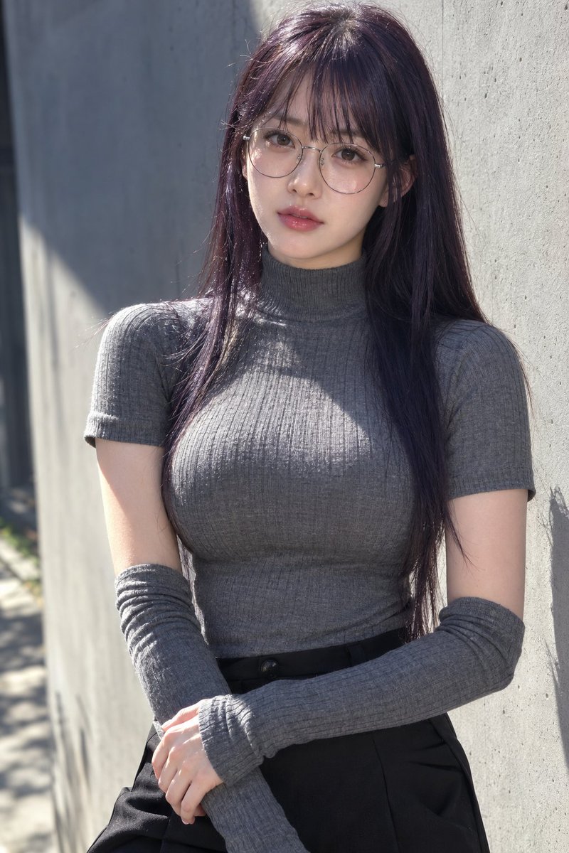 Social Media Post - East Asian Woman in Gray Turtleneck Concrete Wall