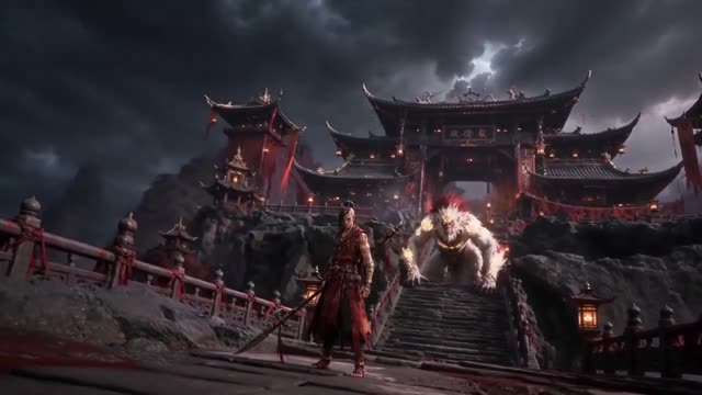 Warrior and Monster at Mystical Temple Gates