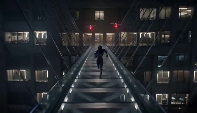 Courier Running on Futuristic Glass Bridge