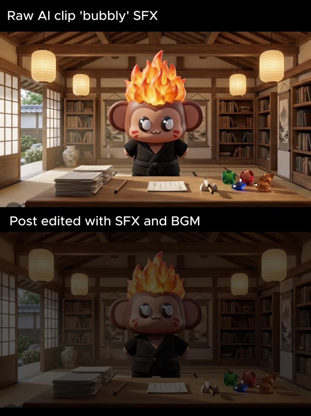 Fiery Chibi Monkey Burst in Japanese Study