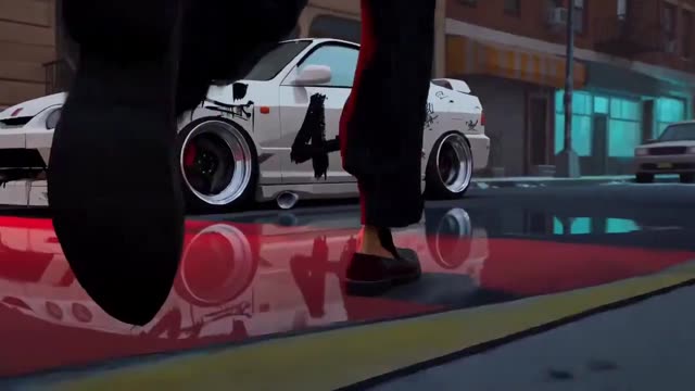 Walk to drift sequence in neon city