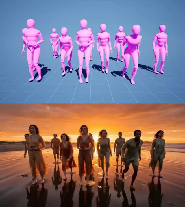 Group runs on beach at sunset