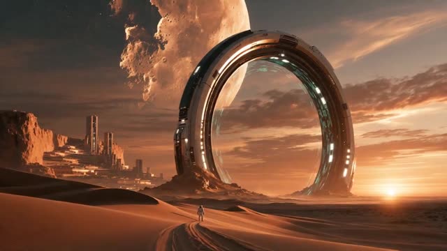 Astronaut Approaches Giant Glowing Alien Portal
