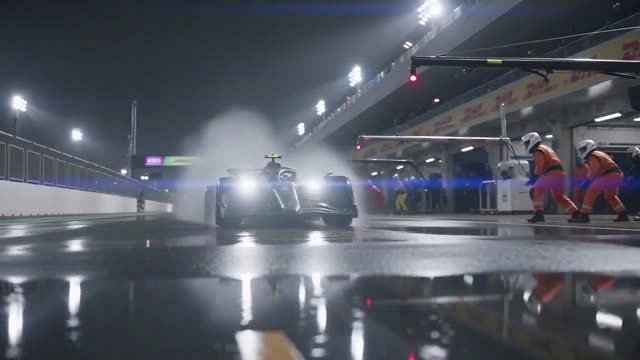 F1 Pit Stop in Night Rain Slow Motion