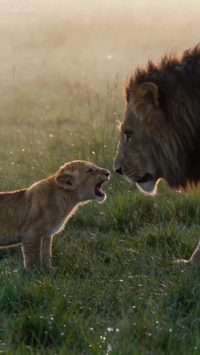 Lion Cub Roars at Adult Lion