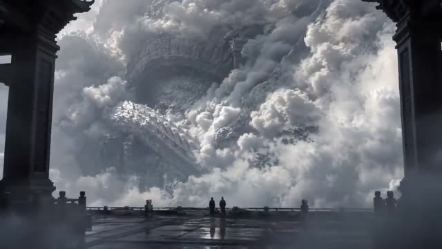 Colossal Stone Dragon Emerges from Clouds