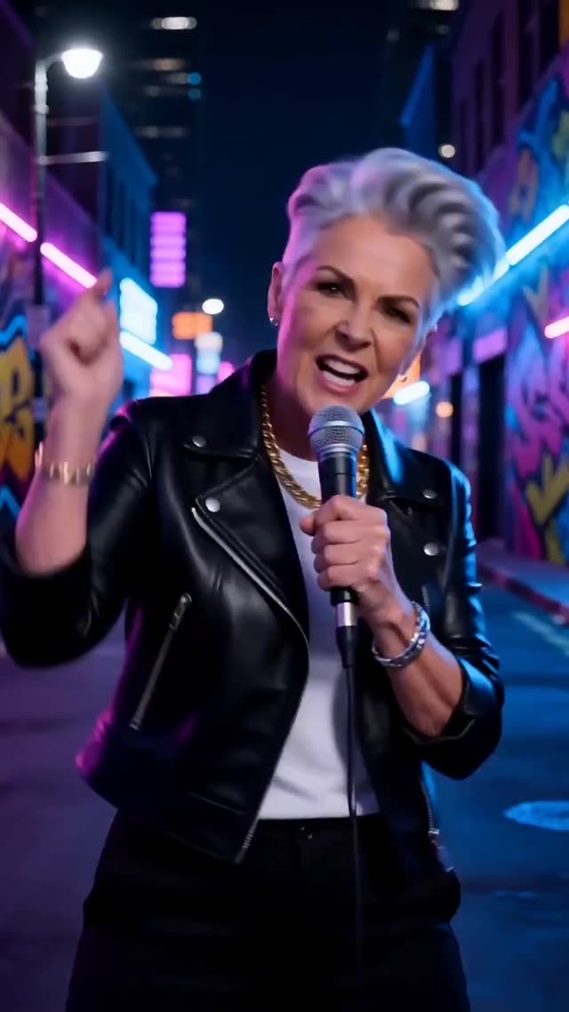 Confident Woman Rapping in Neon City