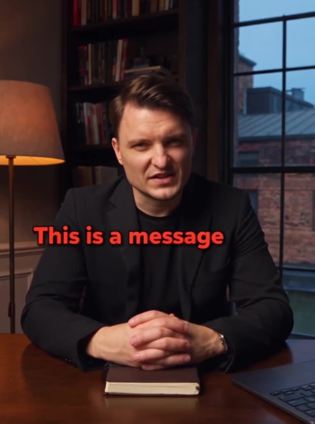 Man In Suit With Red Text Overlays In Office
