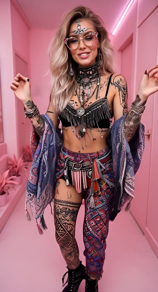Boho Tattooed Dancer in Pink Hallway