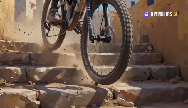 Mountain Biker's Action Ride Through Desert Village