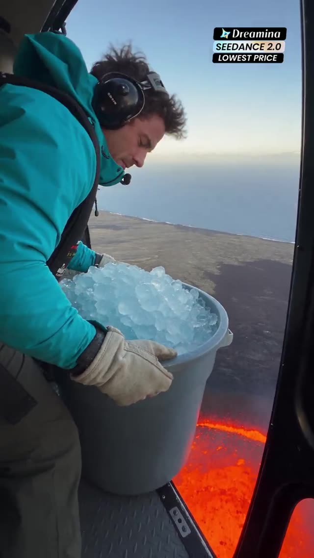 Helicopter POV Pouring Ice Into Lava