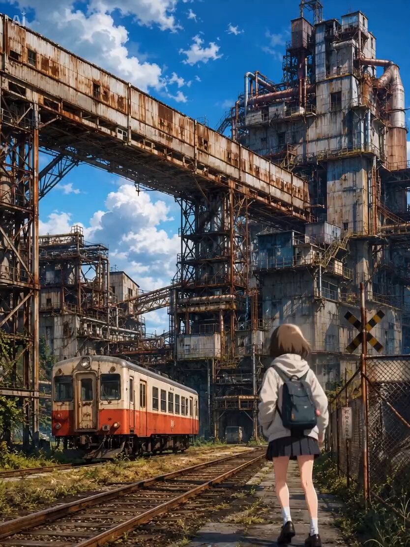 Girl parkouring through an old factory
