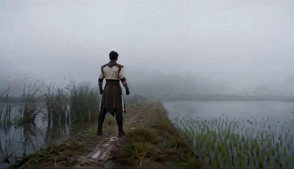 Warrior fighting a red dragon in rice paddies