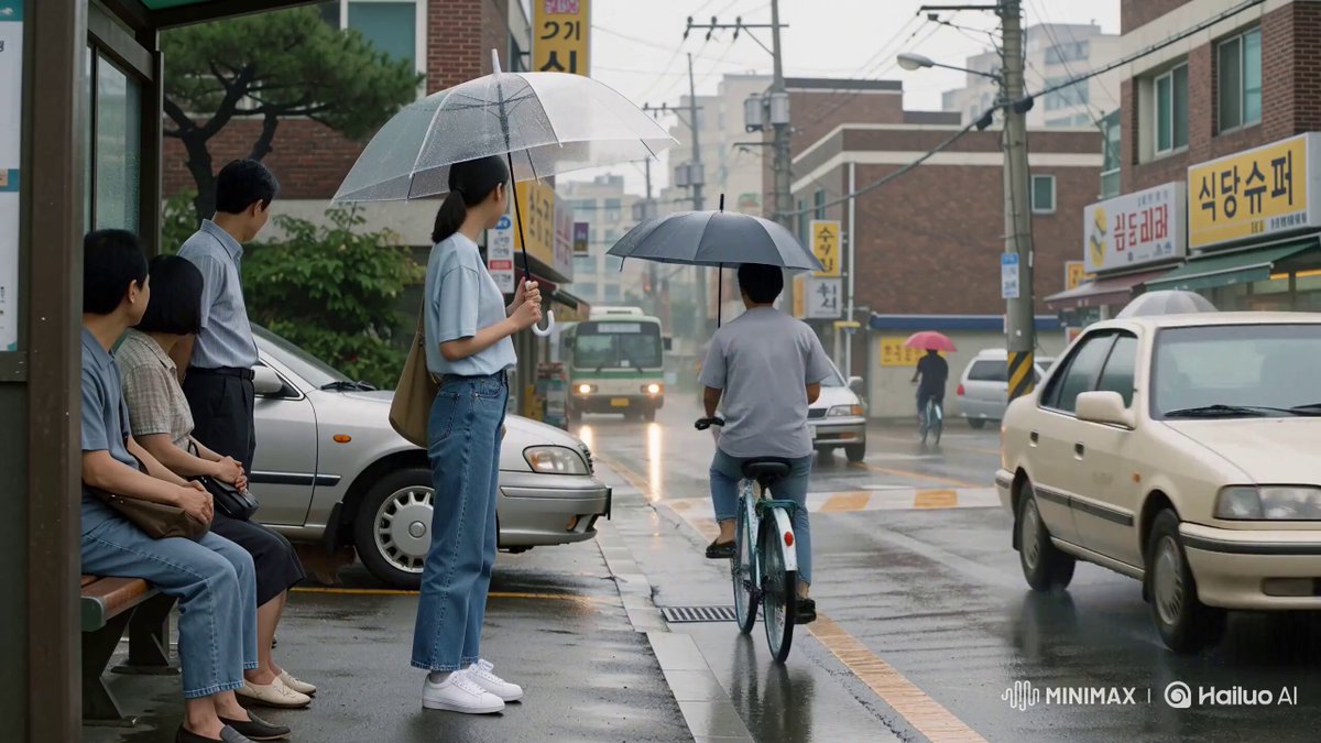 Archival home video at a rainy Seoul bus stop