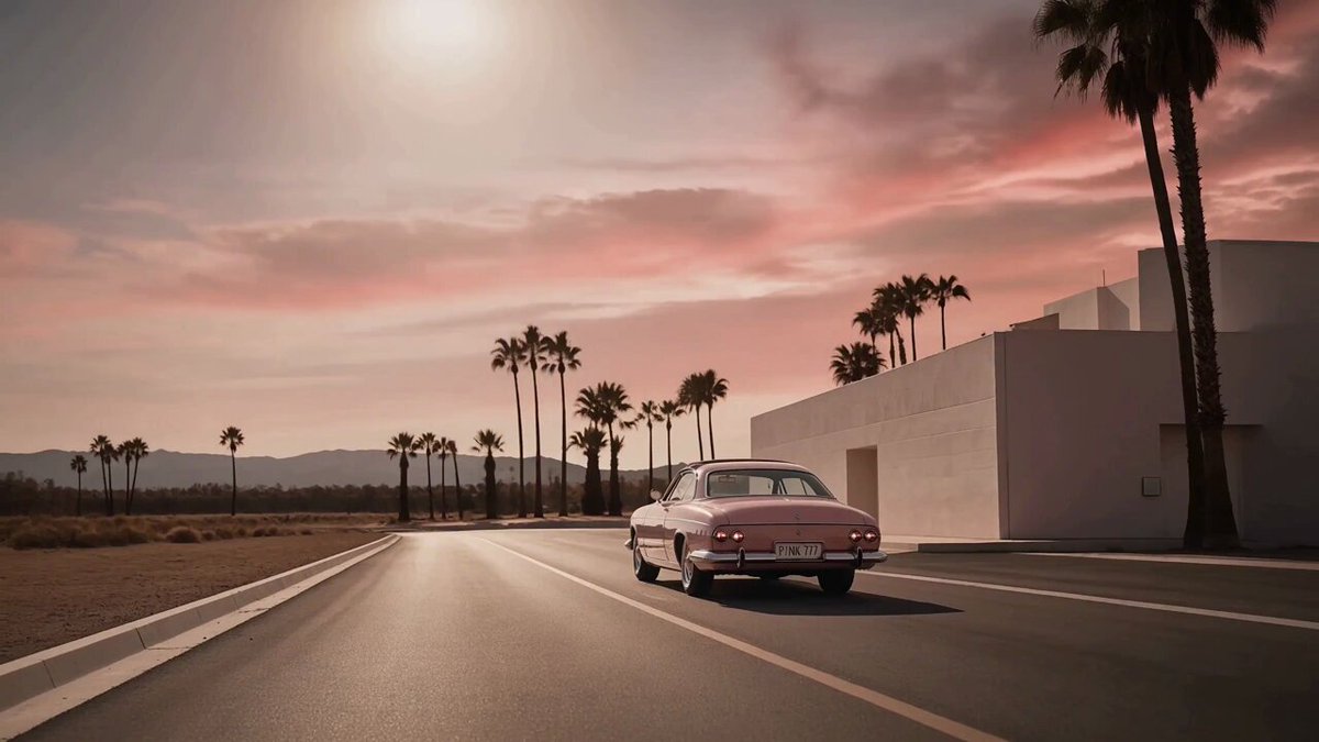 Consistent fashion campaign scene with a pink car