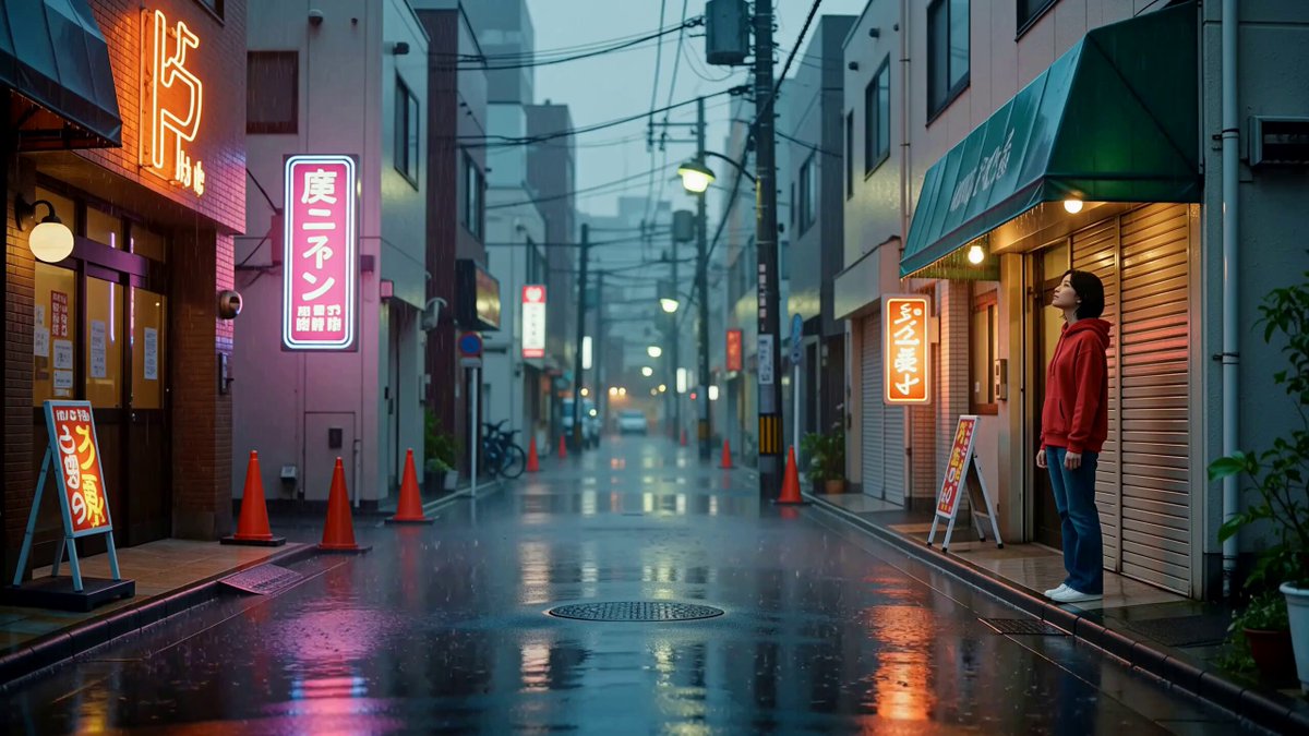 A rainy cinematic scene with neon reflections