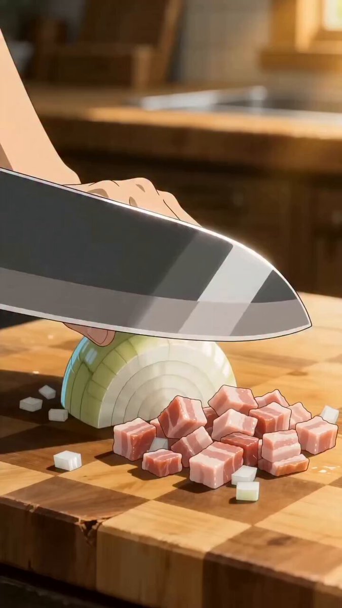 Anime-style burger preparation and cooking