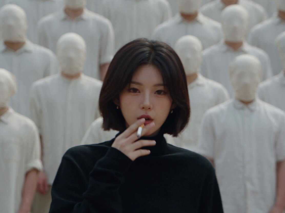 Woman standing in crowd with lit cigarette