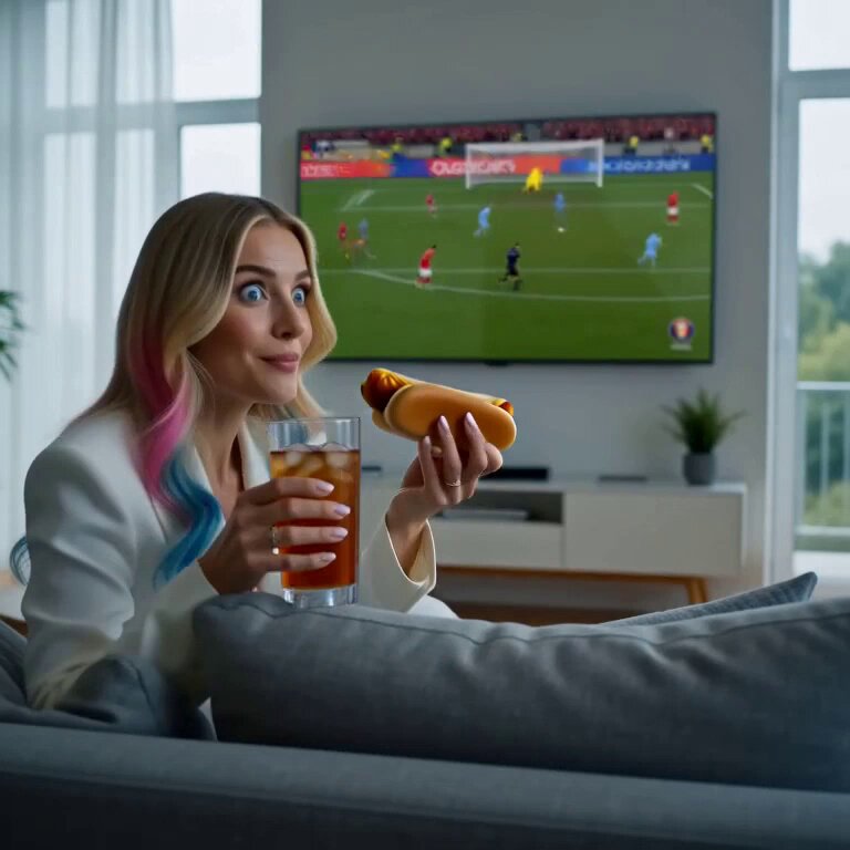 Woman stepping through TV into soccer match