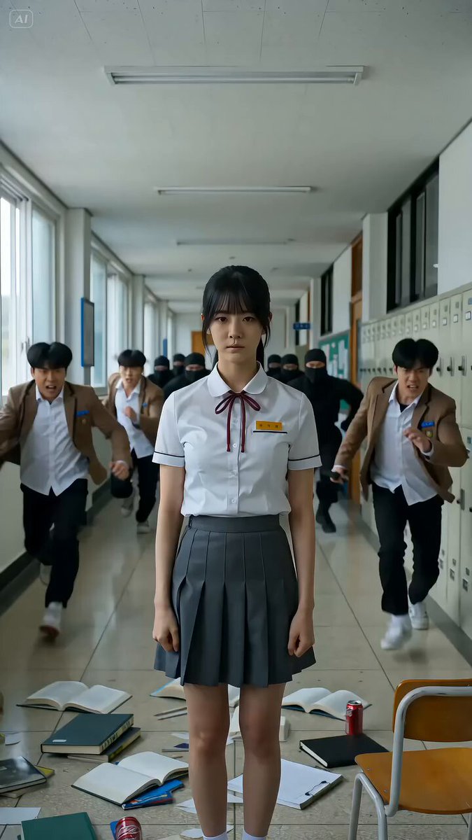 Schoolgirl walking through a chaotic classroom