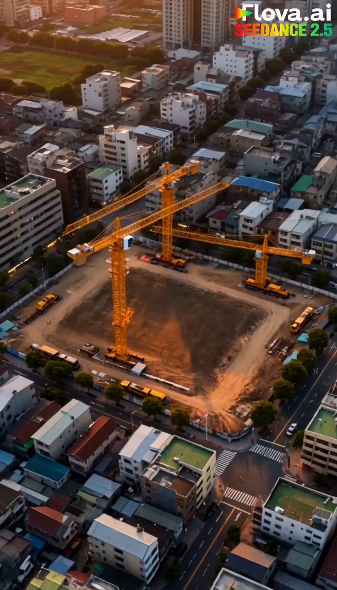 Skyscraper assembling itself on a city site