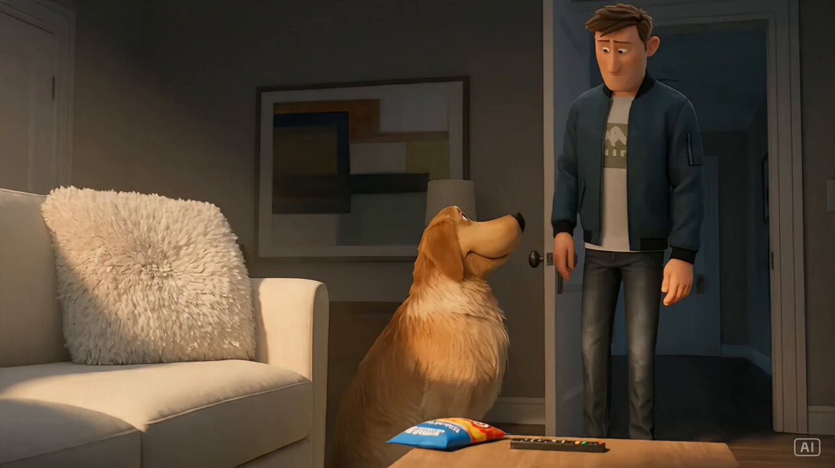 Man and golden retriever in living room
