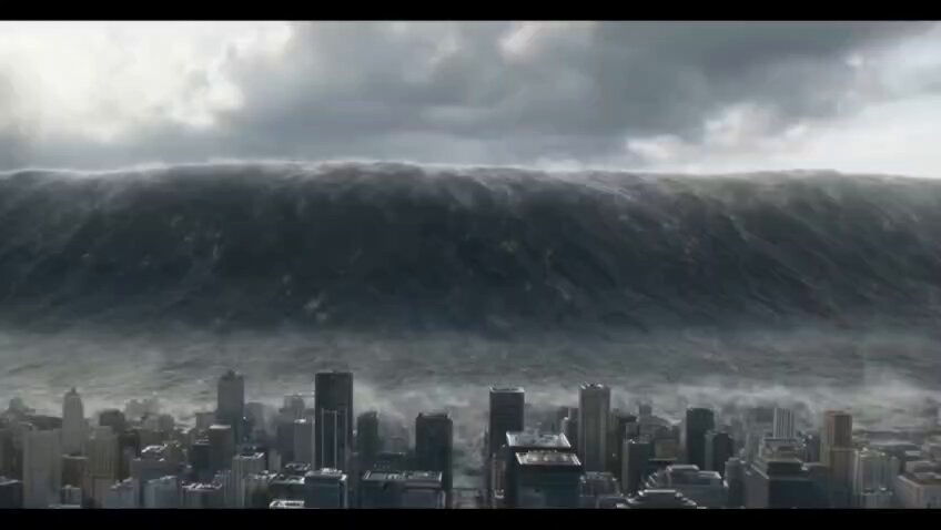 A massive tsunami flooding a modern city
