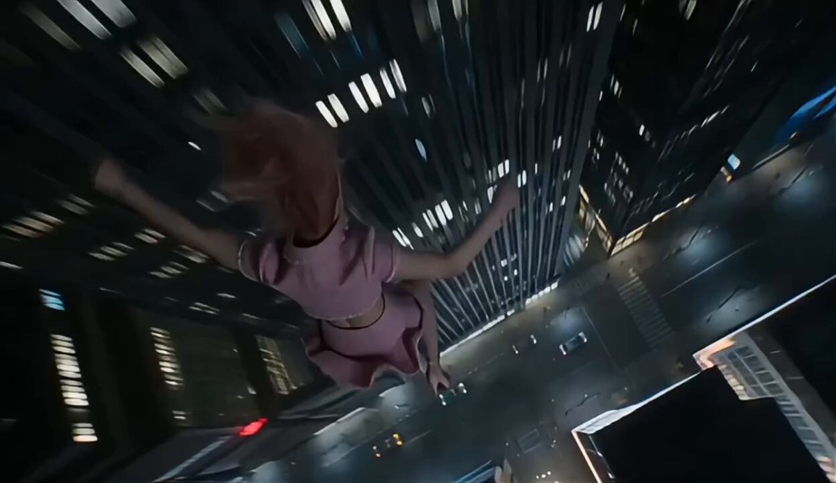 Anime girl falling through a futuristic skyscraper