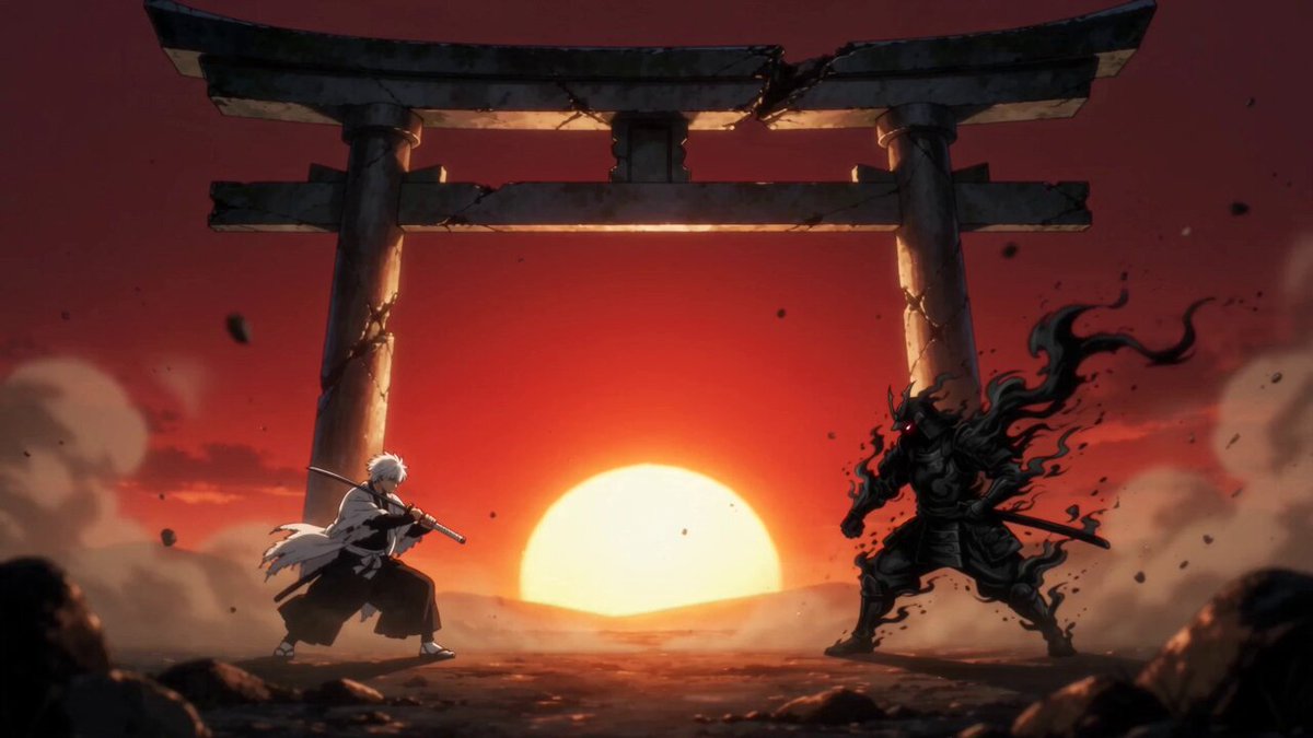 Anime battle sequence at a ruined torii gate