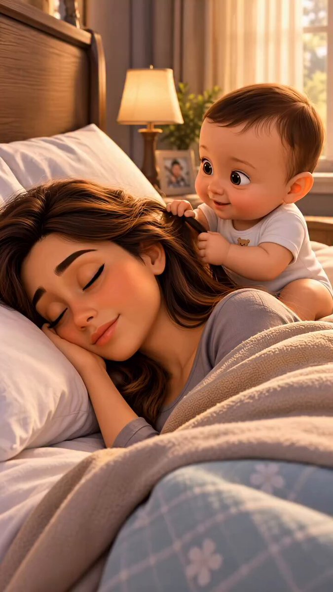 A baby plays with sleeping mother hair