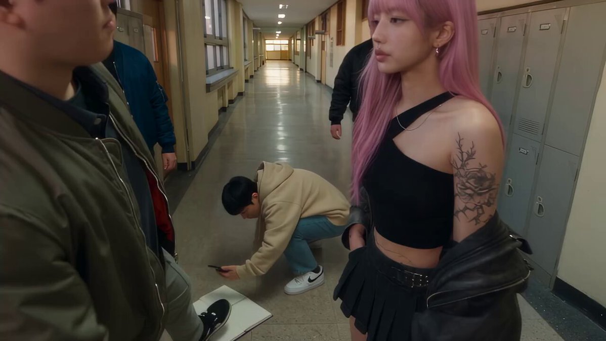 High school hallway fight sequence with pink-haired fighter