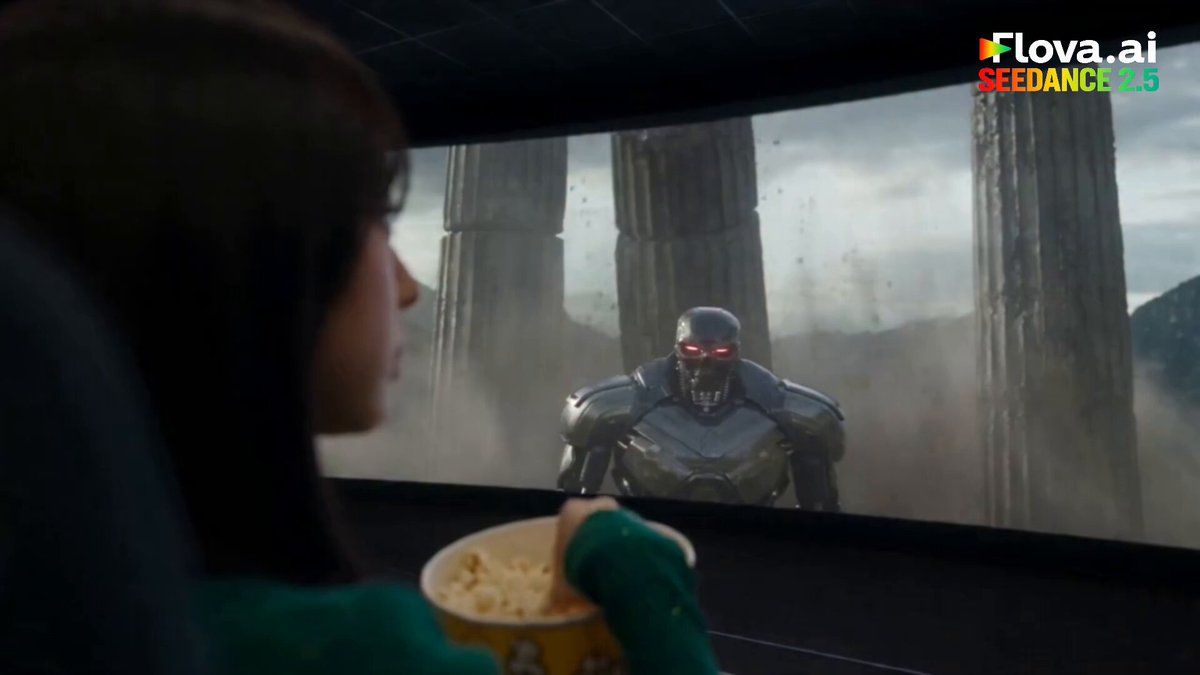 Theater spectator fighting cyborg leaping from screen