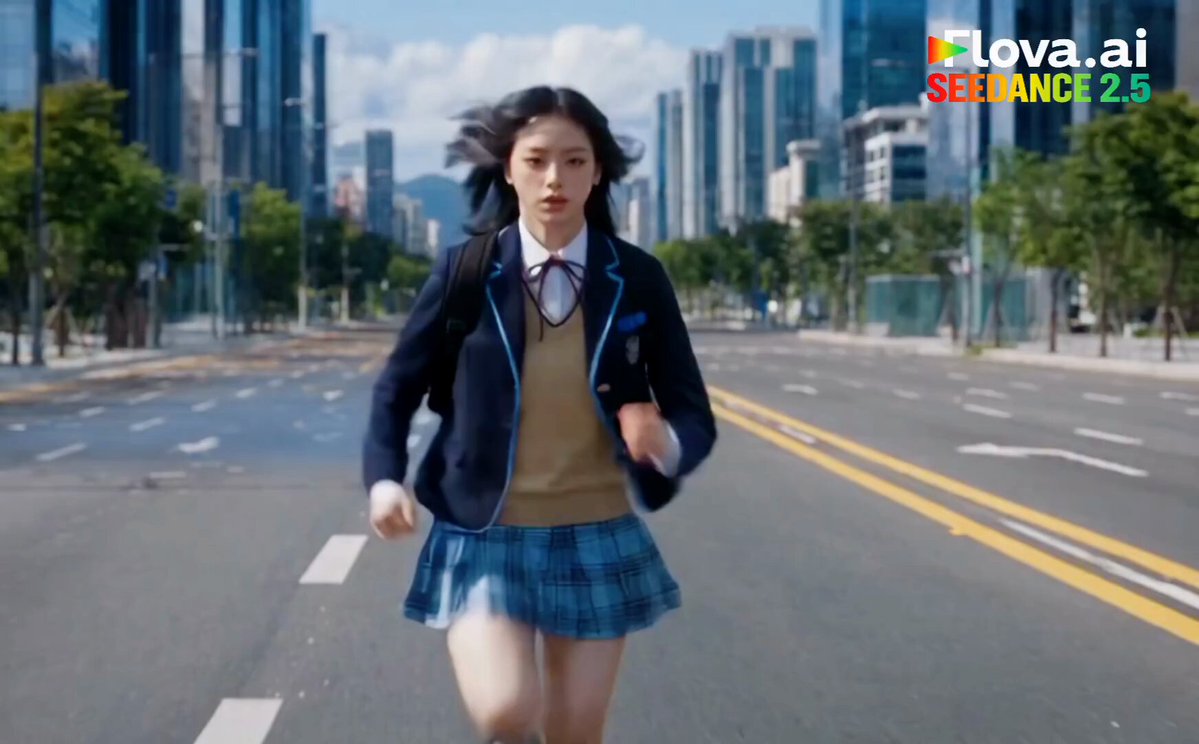 Schoolgirl evading helicopter missiles in the street