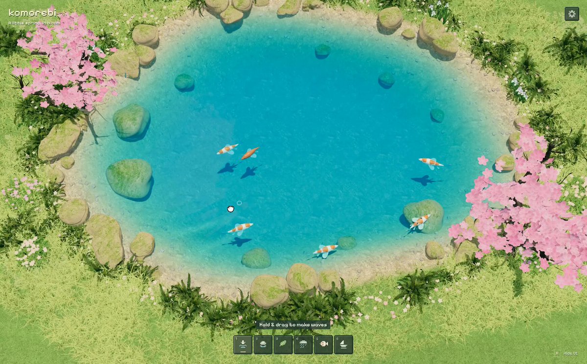 Interactive water physics with fish and blossoms