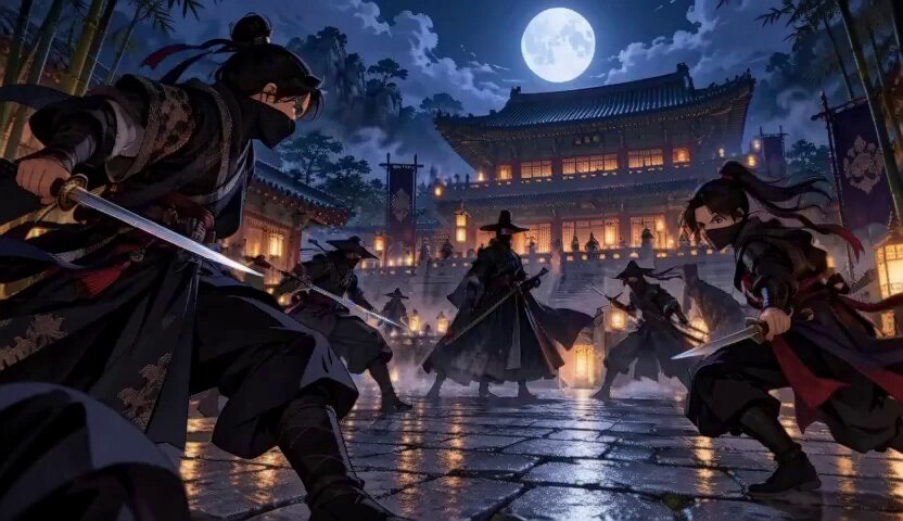 Moonlit Joseon palace courtyard swordfight