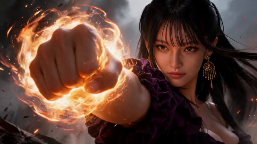 Female warrior wielding fireballs in battle