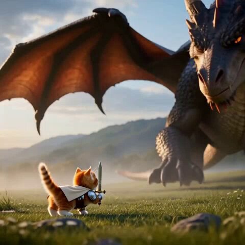 Kitten warrior facing a giant dragon