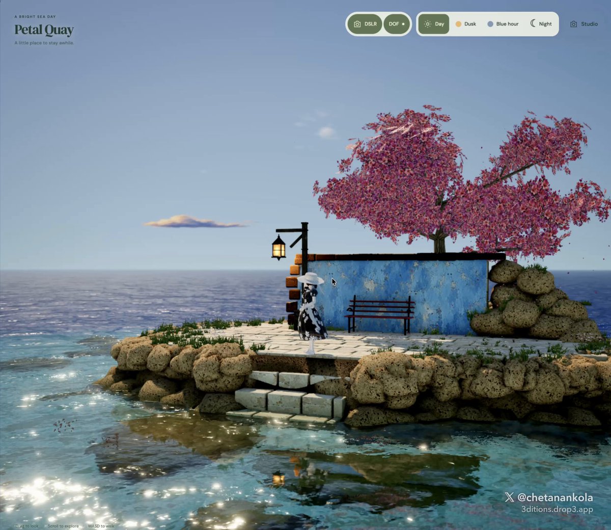 Petal Quay 3D scene with anime character in Three.js