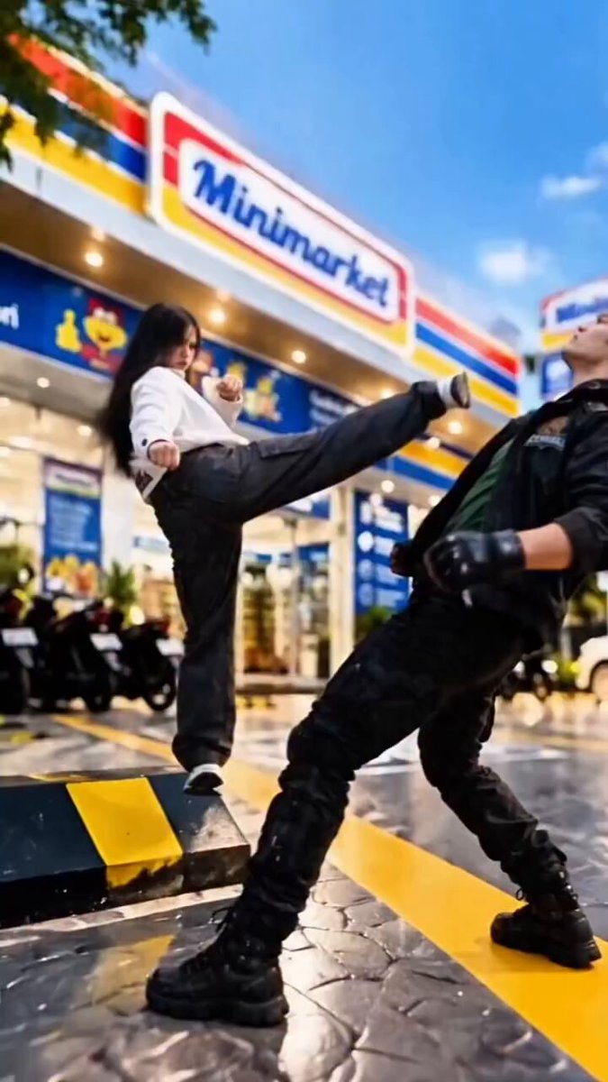 Martial arts fight outside a convenience store