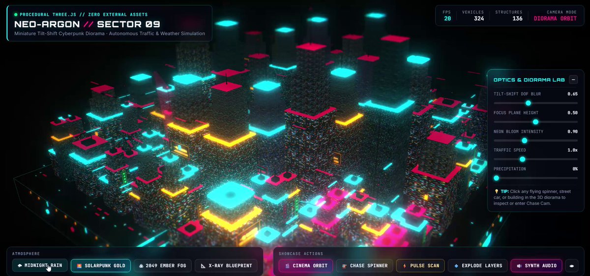 Miniature cyberpunk city in Three.js