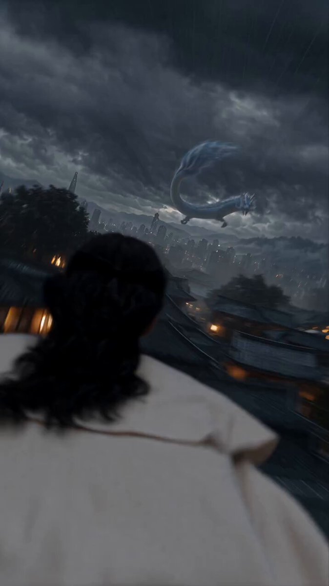 Woman summoning a water dragon from rooftop