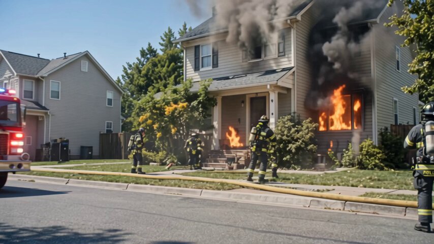 Firefighters rushing into a burning residential home