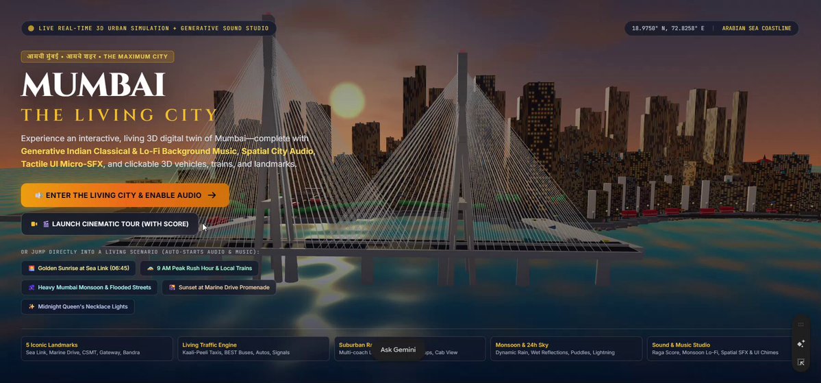 Browser-based 3D Mumbai urban simulation in Three.js