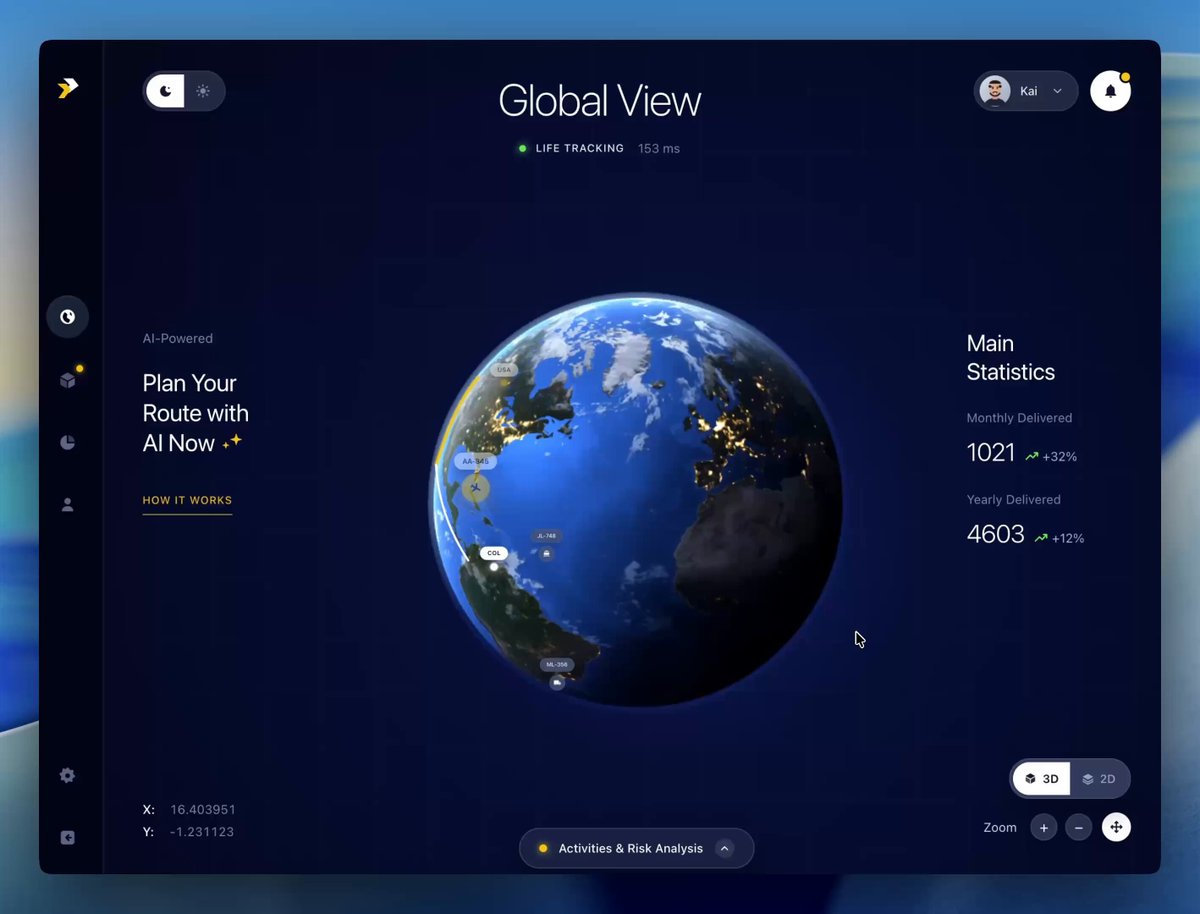 3D globe dashboard test in Three.js