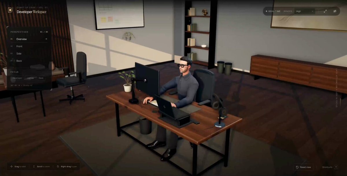 Interactive 3D developer workspace built with Three.js