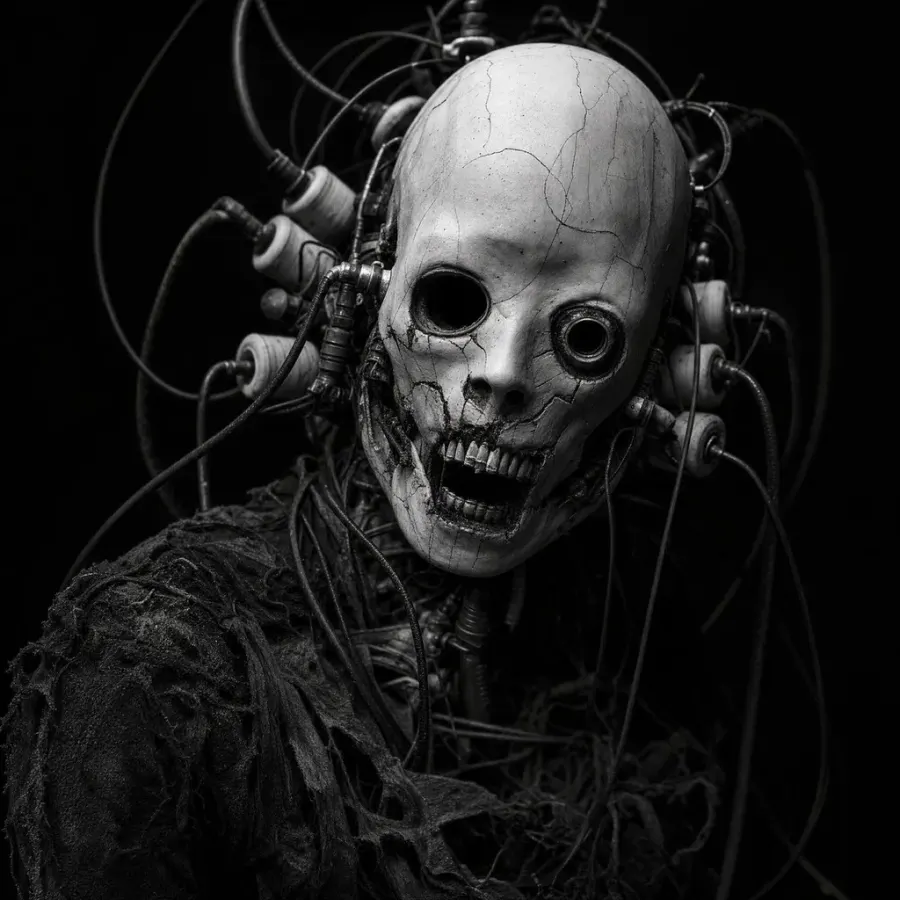 Monochrome cybernetic horror portrait