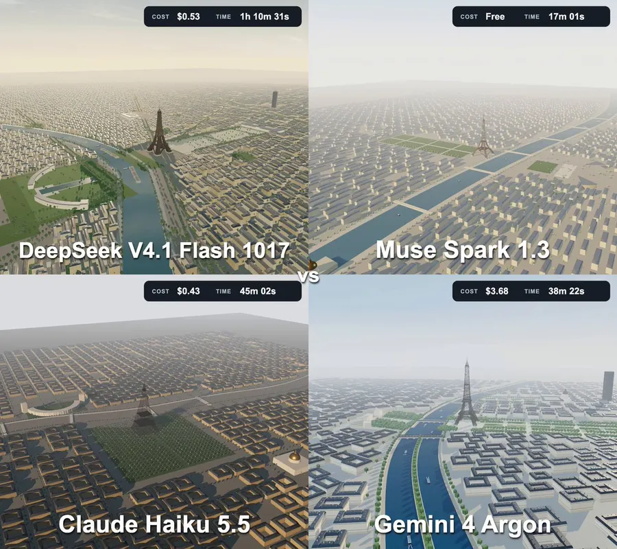 Four AI models generating the Eiffel Tower